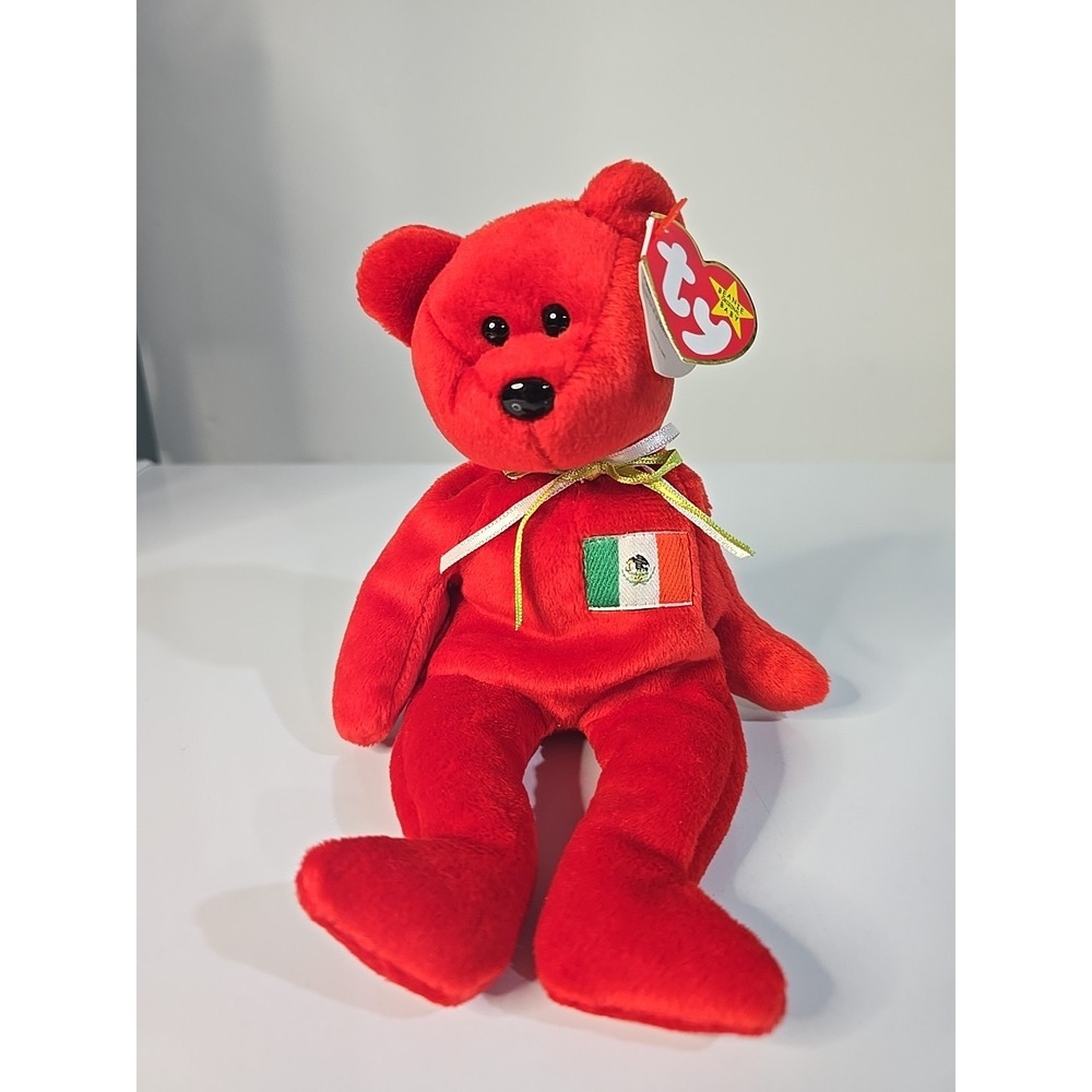 RARE Osito Retired Ty Beanie Baby Bear Mexican Flag Tag WITH ERRORS Plush #1